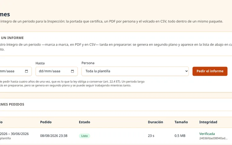 La pantalla de informes: arriba el formulario para pedir uno y debajo un paquete ya preparado, con su tamaño, lo que tardó y la integridad verificada.