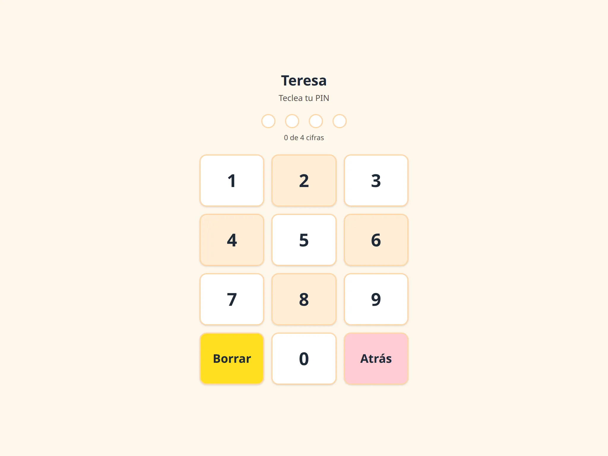 Elegida la tarjeta, un teclado grande para teclear el PIN. Solo pide cuatro cifras.