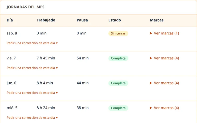 La lista de jornadas día a día, con sus horas, su pausa y su estado. Arriba, los botones de pausa y salida de quien ya está dentro.